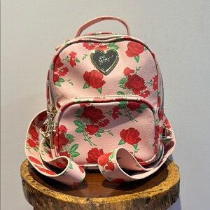 Betsey Johnson Pink Rose Small Backpack adjustable straps front/interior pocket